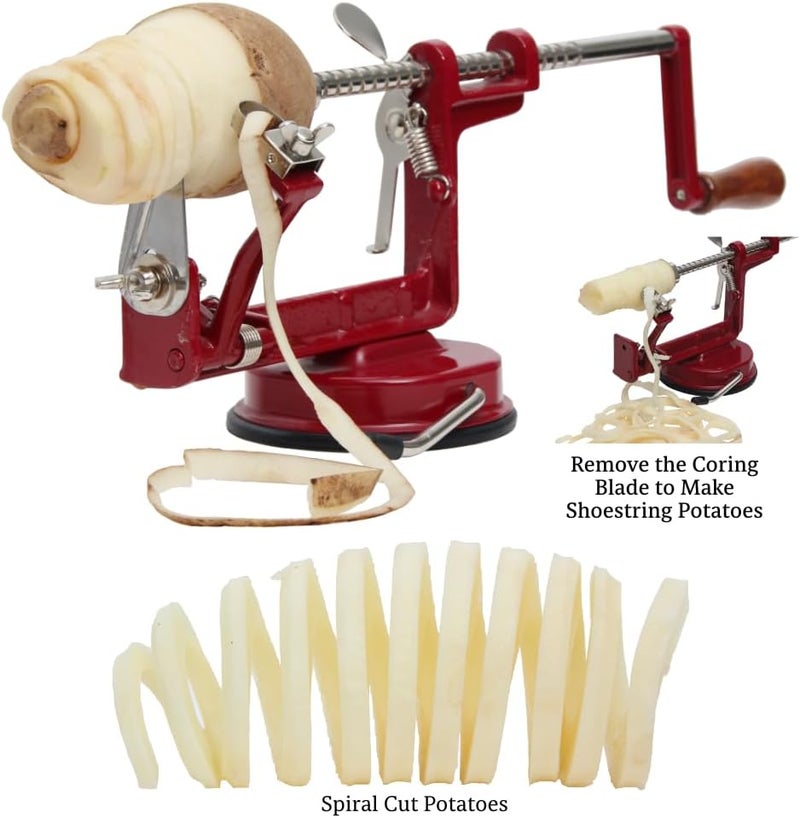 Johnny Apple Peeler, Corer, Slicer, Pie Maker with Stainless Steel Blades - Red VKP1010 - Image 4